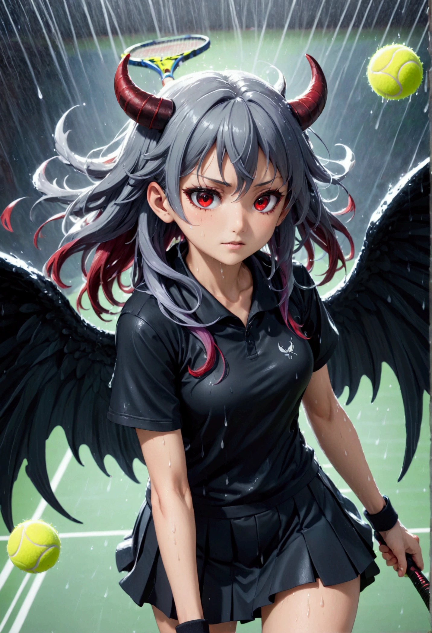 8k, Highest quality, Manga style, View your viewers, Intricate details,One person, Nakiri Ayame, Six alternating black angel and devil wings, ２Demon horns in the book, Multicolored Hair, Long Hair, Red eyes, Gray Hair, Tennis Wear, tennis racket, The moment the tennis ball is hit back, Sweating, Full body portrait, Being hit by rain, Soaking wet