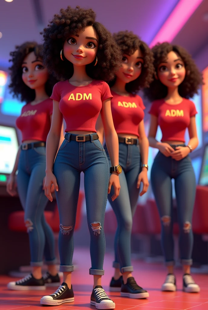 3D Pixar style, 4 woman, curtain, Brown eyes, thin reddish mouth Very curly dark coffee colored hair, medium size without fringe.
Woman with wide hips and thick legs in a red t-shirt with ADM written on it, jeans, black belt, black sneakers.
Gold ring on the left finger, watch on the wrist, wide and round face In a casino game room environment with computers HAPPY