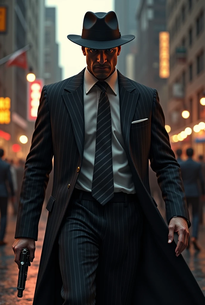 Bully Man Holding Gun in Suit Mafia Hat on Head Women Looking at Him in Midtown New York