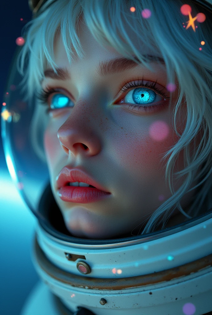 (Close-up of a better masterpiece: 1.5) 0.9], (Space and astronauts: 1.2) (Disheveled silver hair: 1.1) (Xanthochromia heterochromia and blue eyes: 1.2) (space helmet: 1.0) (colorful stars in the eyes: 1.0) (A radiant glow: 1.1) (thick lips: 0.9)