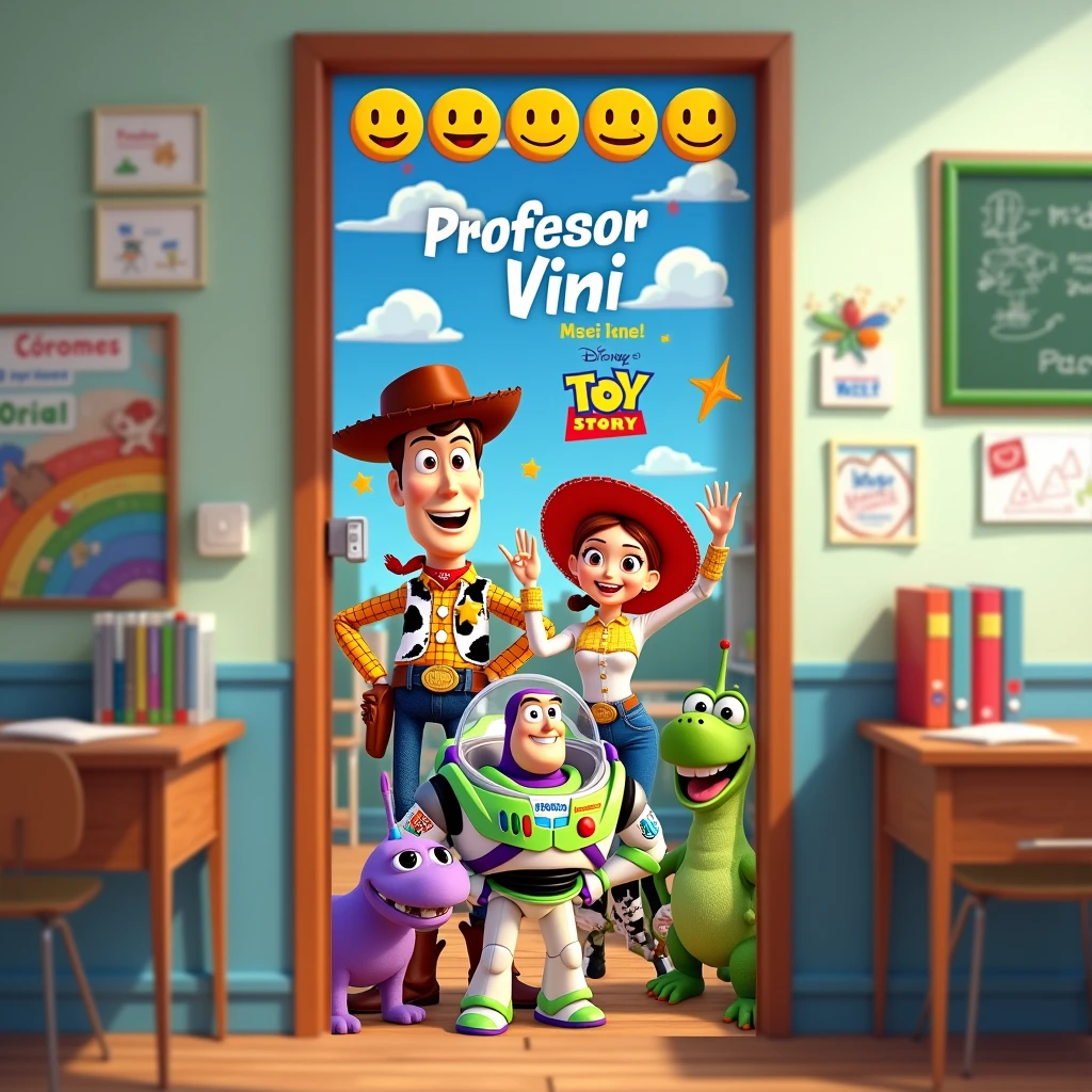 Generate an image of a door banner with a Toy Story theme. All the characters must be in a classroom., smileys at the top with the phrase welcome in Spanish, Professor Vini in Spanish.