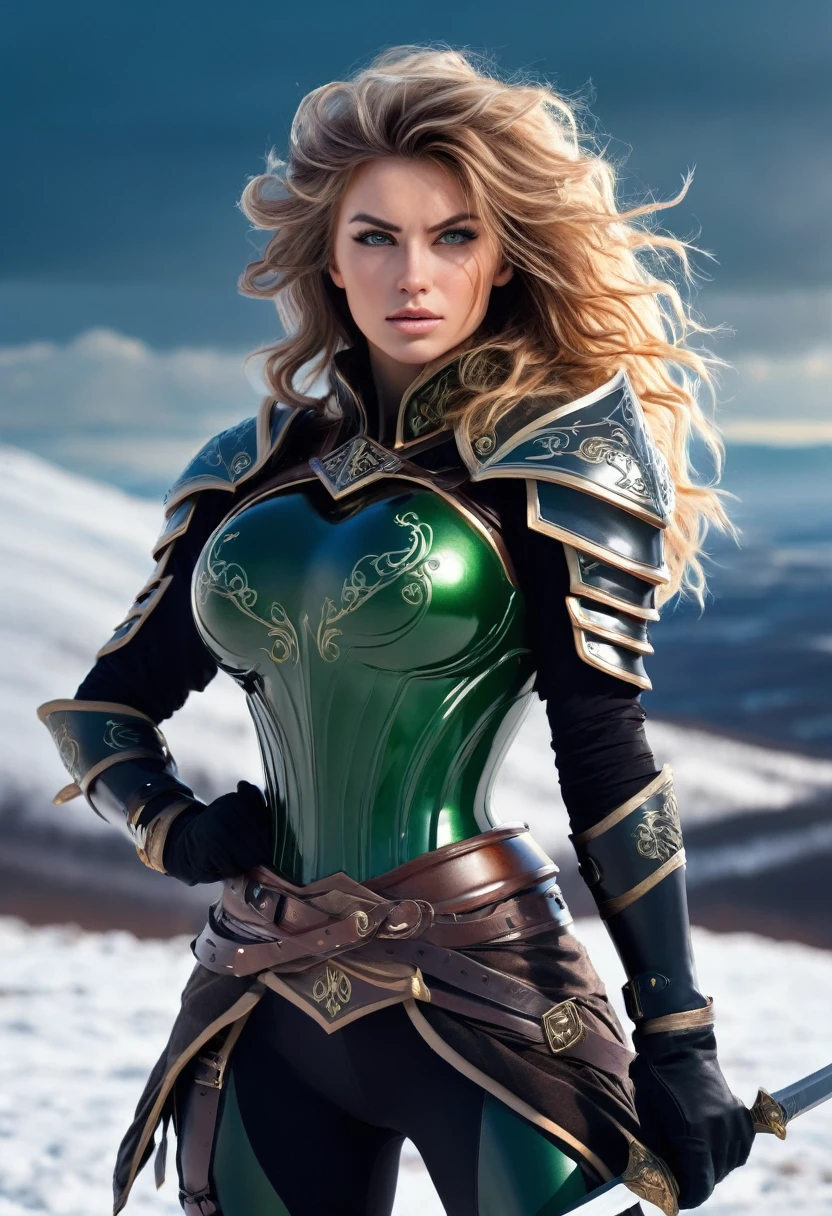 Fantasy in retro style, masterpiece, Magnificent Art, best quality, 1 Girl, voluminous hair, big hair, big breasts boobs, swordswoman,(fully clothed skintight), (black armor), woman , standing in an open battlefield holding sword, muscle, Scandinavian Mountains, Winter weather, Symmetrical and detailed face, Skin as smooth as peach silk, Energetic and aggressive green eyes, Waist-length messy hair, Sculpted body, (spark: 0.7), Adobe illustration, Trand on Artstation, 8K, HD, 超HD, Cool soft lighting, --q 500 --s 100, -