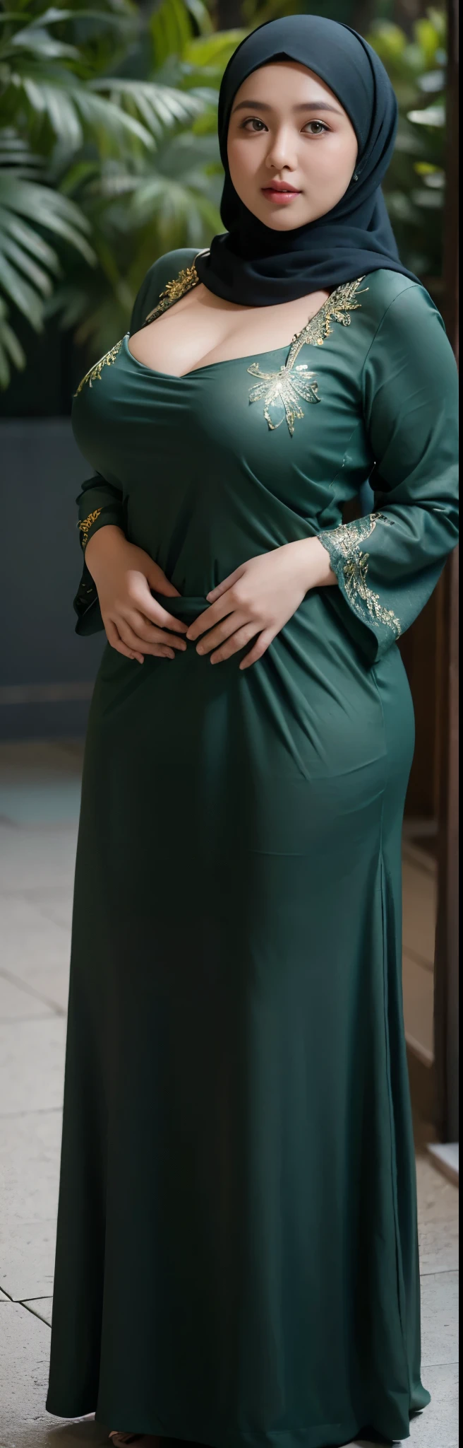 1 malay girl, modern plain hijab, shy, medium portrait, watery eyes, wearing dark green kebaya, ((big breasts)), black bokeh background, well-proportioned body,, chubby massive thighs, full body pose, Hena art on the body, hena art on full body, slightly fat body , voluptuous body , curvy body
