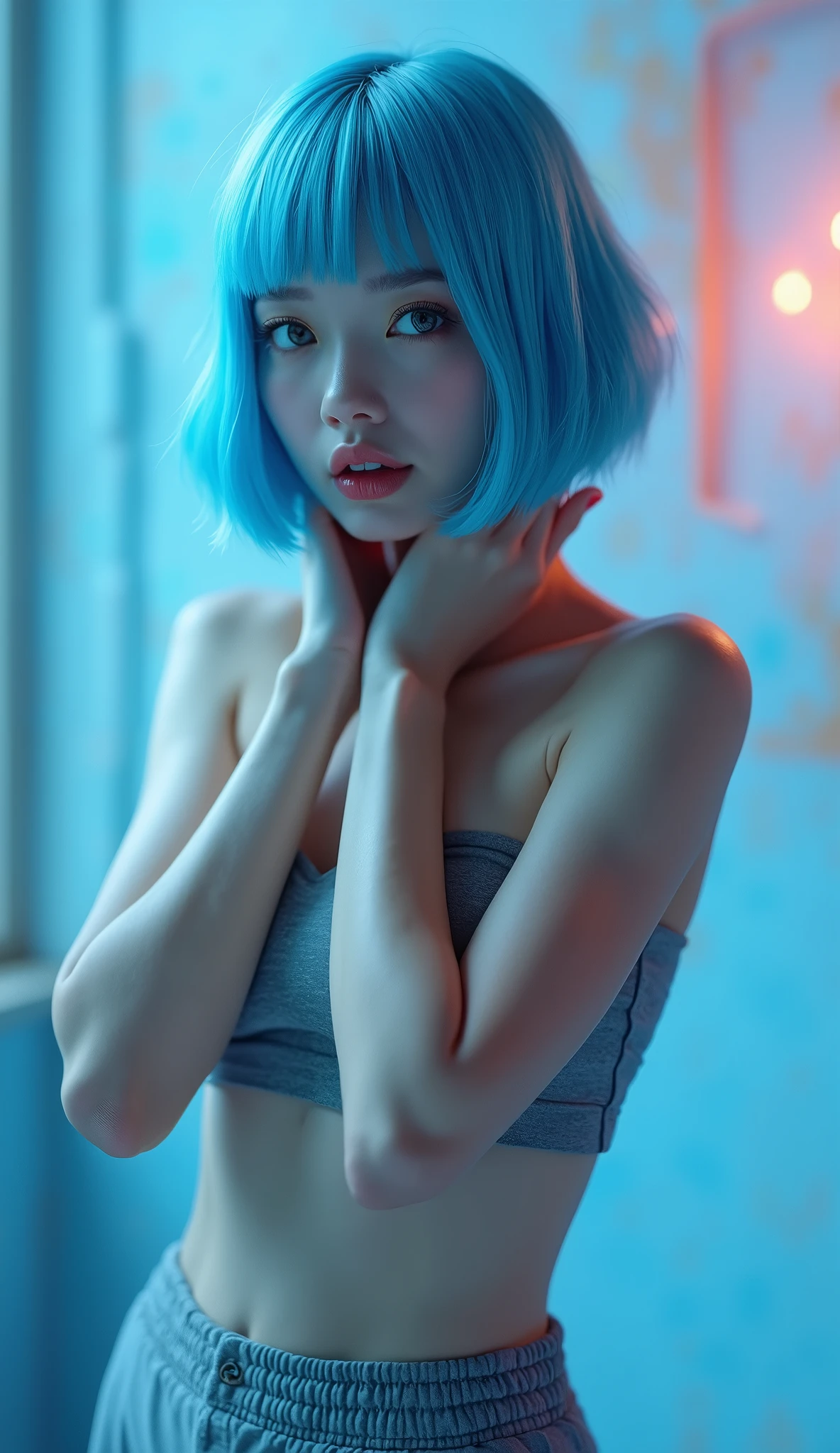 ((RAW photo), absurd, (absurdresolution)), masterpiece, best quality, (best shadow), beautiful detailed glow, hyperrealism, Beautiful girl from Buri Ram Province, Thailand, 2, (lock: (((How do you like that)))), (wearing grey leggings, strapless top), hands on the back of her head, bright blue bob cut, (sharp blue eyes), (measurements: 90-60-90), blue haired woman posing in a blue room, soft 8k portrait, pretty girl, full length photo from below