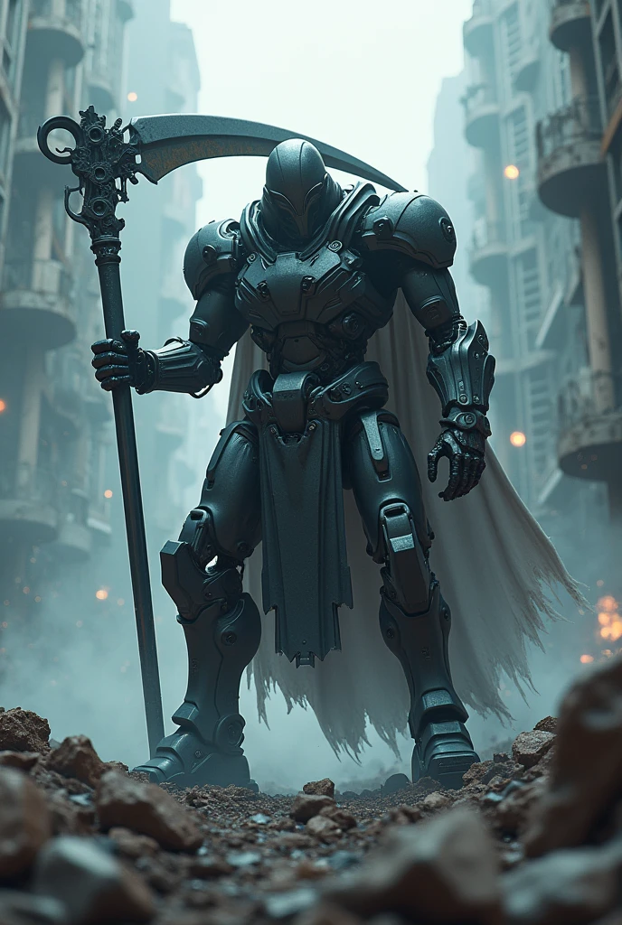 (((Highest quality: 1.4))),(An unparalleled masterpiece),(Ultra-high resolution),(Ultra-realistic 8K CG), grim Reaper,Mecha Robo Soldier Character,(Action pose: 1.4),grim Reaper, Wielding a big scythe, Highly detailed soldier armor and weapons, Soul Warden, In the ruins of a future city, Horror, Eerie white light penetrates、Has gradient shadows , Ray Tracing,(Magical mystical background, Glowing particles, Mysterious Mist, Faint darkness), Ultra realistic cover photo awesome full color, Cinematic, (Hyper Detail: 1.2), Add depth to your images with backlight effects, Perfect Anatomy,,cyborg style,cyborg,Android