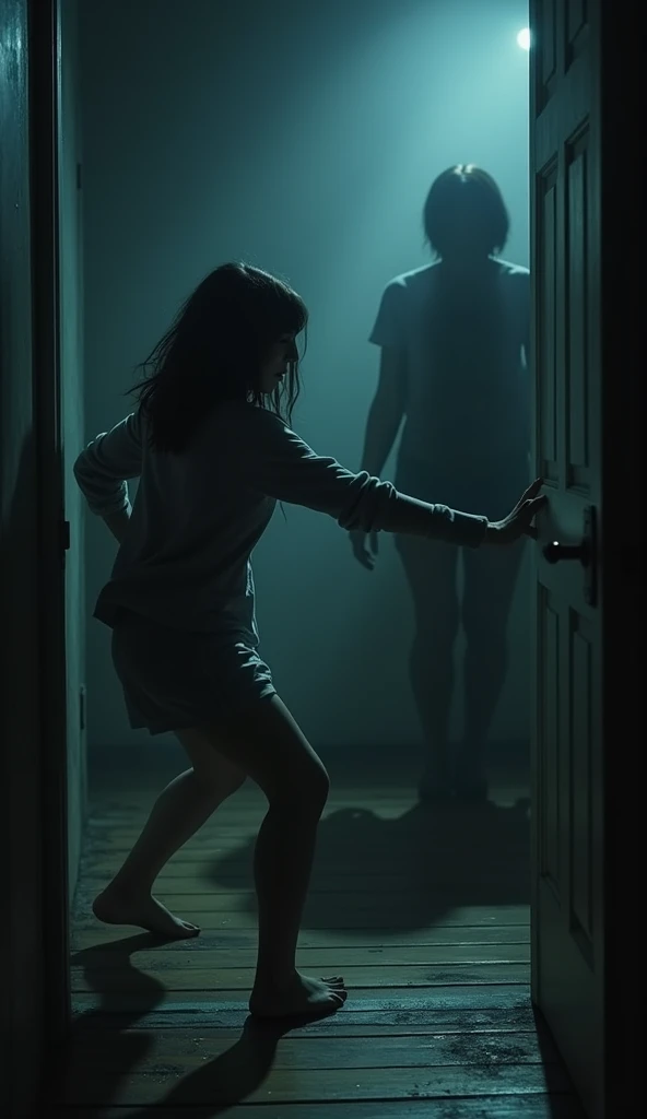 in a dark room, with standard wooden FLOOR, a brunette woman with straight hair, with 1,65m tall, is in the middle of an intense fight on the ground. She wears basic pajamas, now crumpled and dirty, as she desperately defends herself from a mysterious shadow in the shape of a man who tries to dominate her. cel shadow, with hazy contours and a terrifying presence, seems almost intangible, but still palpable enough to pose a deadly threat.
The woman, with an expression of pure despair and determination, gathers his last strength and lands a violent kick in the shadow's stomach, making her retreat momentarily. The impact, despite being against something seemingly ethereal, looks surprised and weakened, as if a woman's willpower could actually affect him. The dry sound of the kick echoes through the room, which is only dimly illuminated by a flickering light, projecting distorted shadows on the walls and intensifying the atmosphere of fear and uncertainty.
As tension reaches its peak, making it clear that it is a battle for survival against something beyond human comprehension.