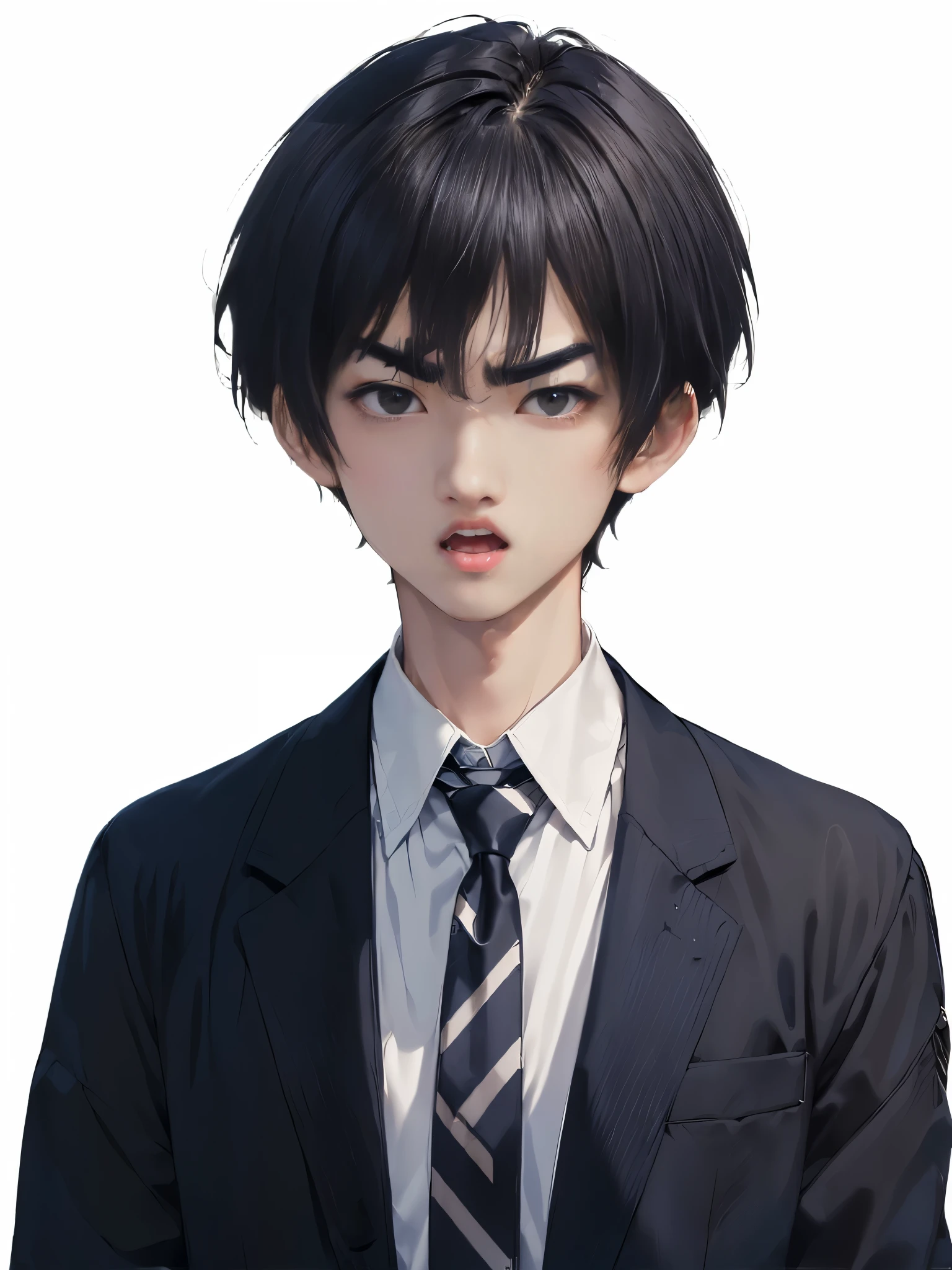 Open your mouth wide。The eyebrows are lowered and the expression becomes stern。