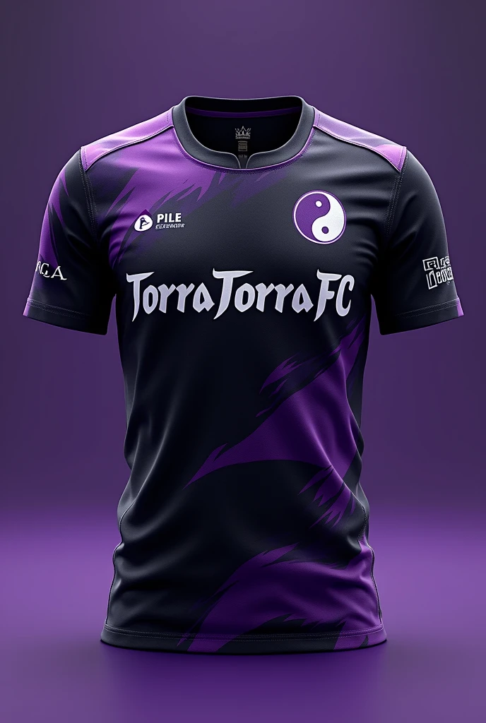 Create an image of an interclass jersey Team name Torra-Torra FC Color purple and black With a sword And the Ying Yang symbol