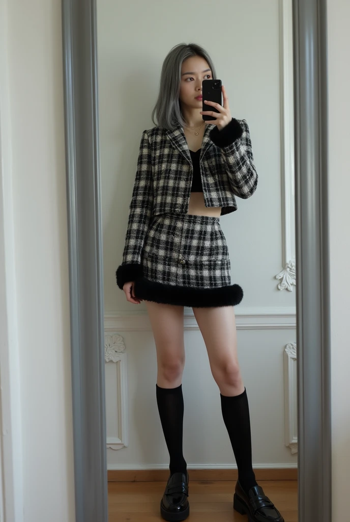 highly detailed, beautiful, hyper Realistic girl, masterpiece, best quality, Depict a mysterious and sophisticated beautiful Japanese gravure model,, 18-years-old, identity hidden, all body shot, / gray arranged hair, small head, Detailed face, cute and Pretty slim face, wide Duck mouth, perfect beautiful Tooth, arranged gray hair, shiny eyes, blue-colored eyes, Realistic skin, Detailed face, // sitting, model posing, / Autumn fashion theme,  A fashion outfit featuring a black and white plaid set. The cropped jacket ends just above the waist, abs, revealing a slight amount of skin for a modern, chic look. The matching mini skirt has a black faux fur trim at the hem. The material appears to be thick wool or tweed, giving a classic and structured appearance. The outfit is paired with chunky black patent leather loafers and long black socks, creating a retro yet trendy style, all understated and refined to maintain the minimalist vibe. //// simple white single room, gray frame mirror, complicated background /// takes a selfie in her room using a smartphone in front of a mirror with one hand, standing and sexy Posing, all body below shot, focus shoes, looking away from the camera,
