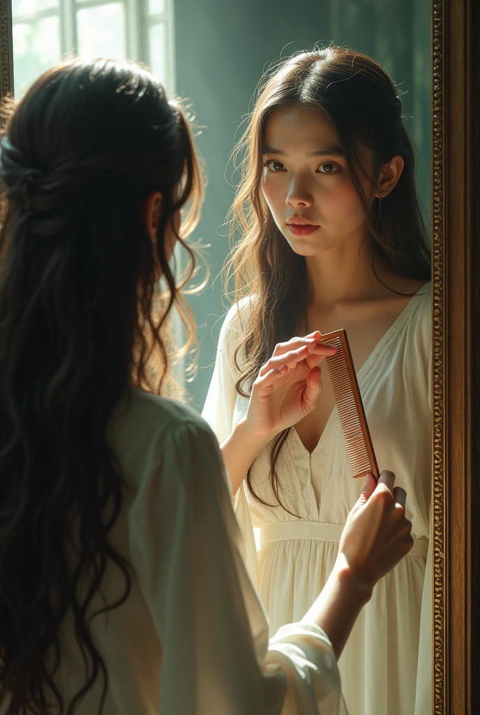 A woman sitting in front of the mirror, combing her long hair and staring at herself. His expression is one of fascination. The environment is brighter, but with an ancient and mysterious aura