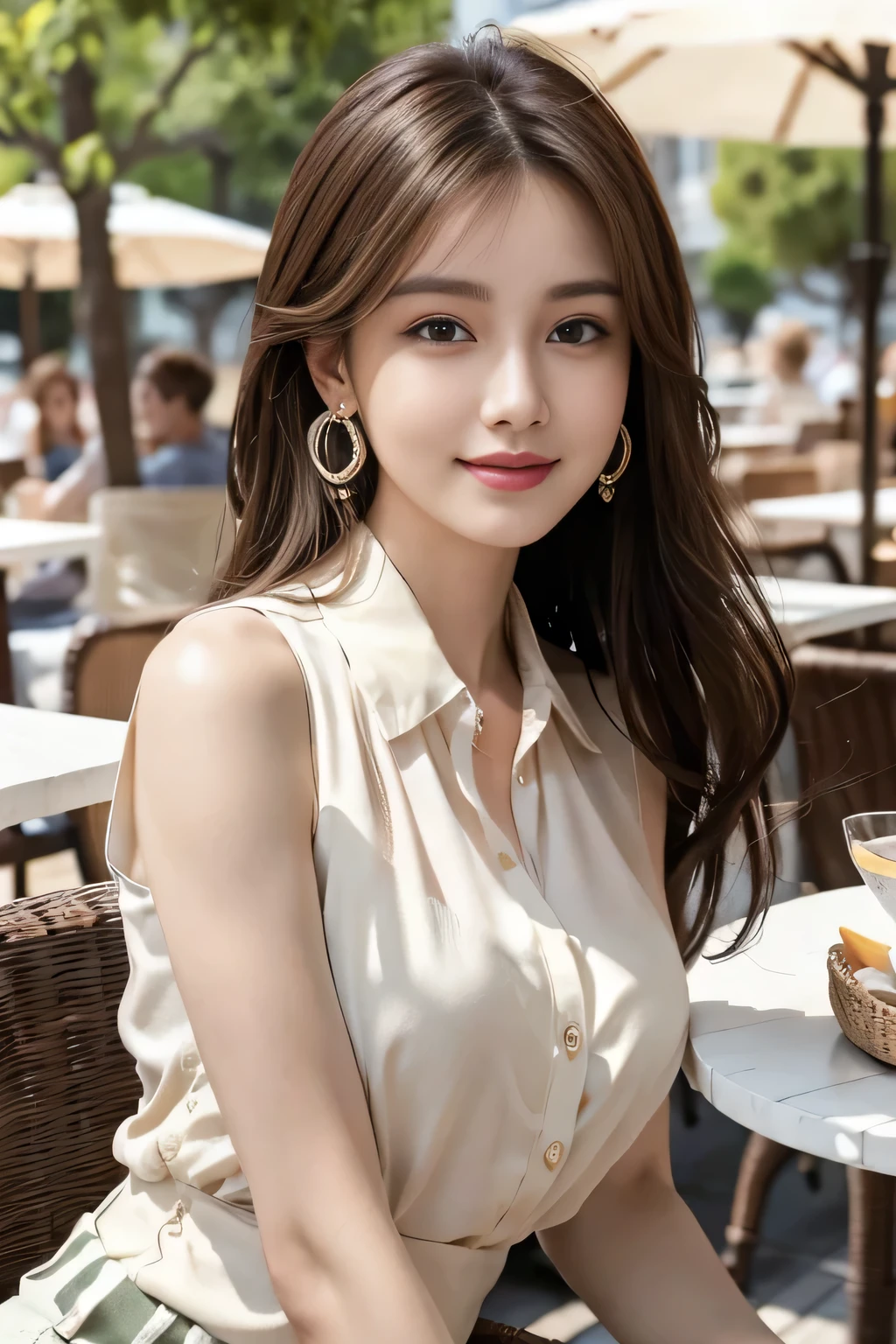 masterpiece, Highest quality, Realistic, Very detailed, Finer details, High resolution, 8k wallpaper, One beautiful woman,Wear a nice blouse, On the terrace of a lovely cafe, at noon, Light brown messy hair, Perfect dynamic composition, Beautiful and beautiful eyes、Big earrings、Sleeveless shirt、smile、