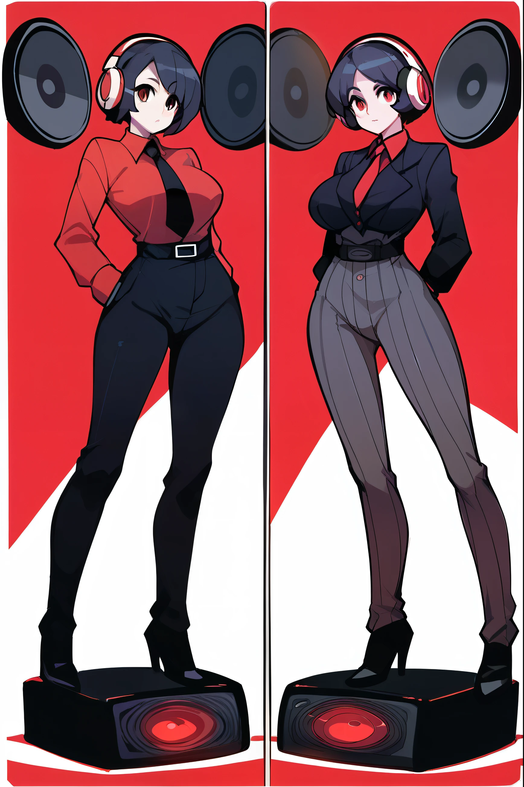 score_9, score_8_up, score_7_up, score_6_up, score_5_up, score_4_up, (1girl), (masterpiece, best quality, ultra-detailed), Speaker Woman, humanoid female with a large red speaker for a head, sleek black pinstripe suit, fitted jacket with a tie, long sleeves, form-fitting pants, confident and assertive pose, black gloves, glowing red, vibrant red background, simple lighting, dynamic composition, smooth shading, clean lines, clear focus, full-body view, robot_head_speaker, real human body, robot_head_speaker_woman, Black full body suit elegant with stripes with, Red shirt underneath, robot_head_speaker, red shirt, big headphones, Nyantcha style, GLaDOSSDXL, Glados, mechanical parts, humanoid robot, Short hair,