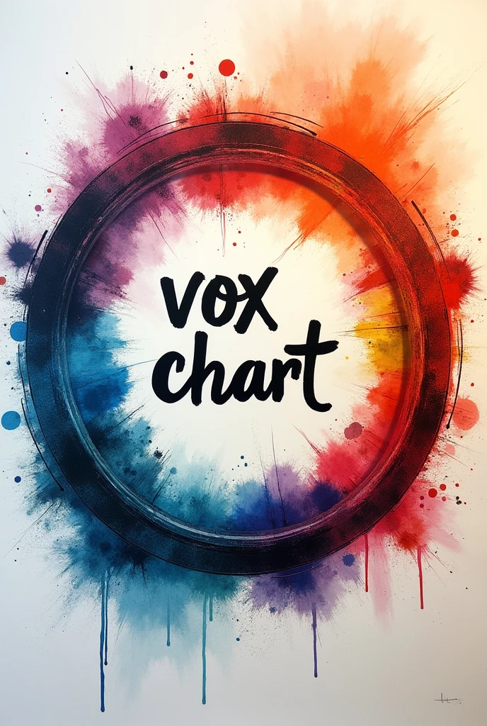 Create a three-dimensional circle, that contains the inscription VOX CHART. Using the combination of watercolor and mixed media colored pencils. Use vibrant colors.