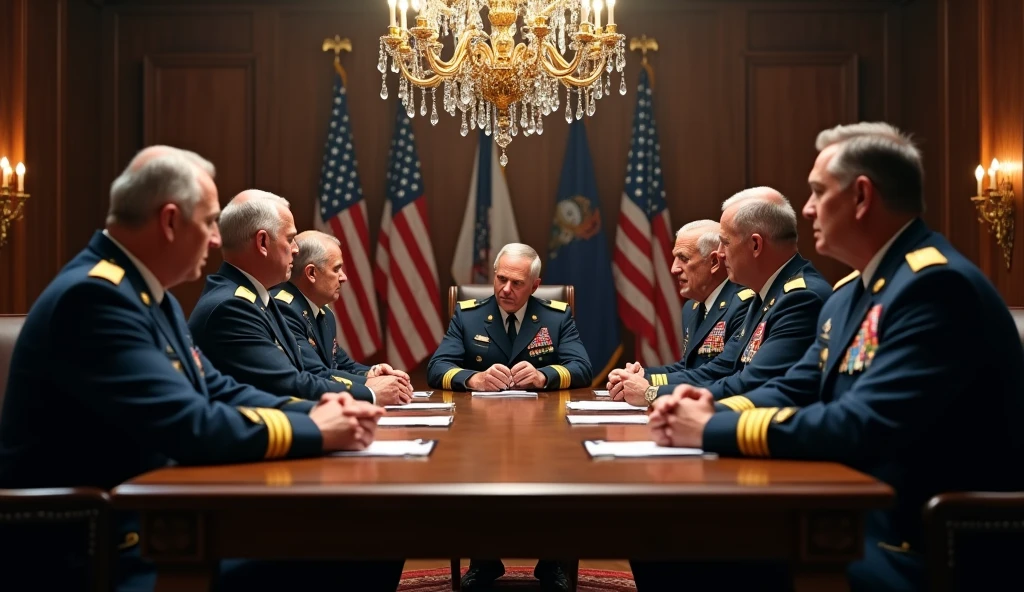 a highly detailed photo of american generals in a meeting room, realistic, photorealistic, 8k, ultra-detailed, professional, dramatic lighting, intense expressions, serious demeanor, military uniforms, oak table, chandelier, american flags