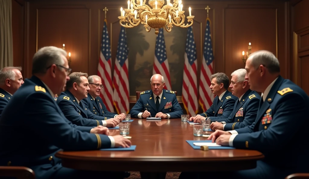 a highly detailed photo of american generals in a meeting room, realistic, photorealistic, 8k, ultra-detailed, professional, dramatic lighting, intense expressions, serious demeanor, military uniforms, oak table, chandelier, american flags