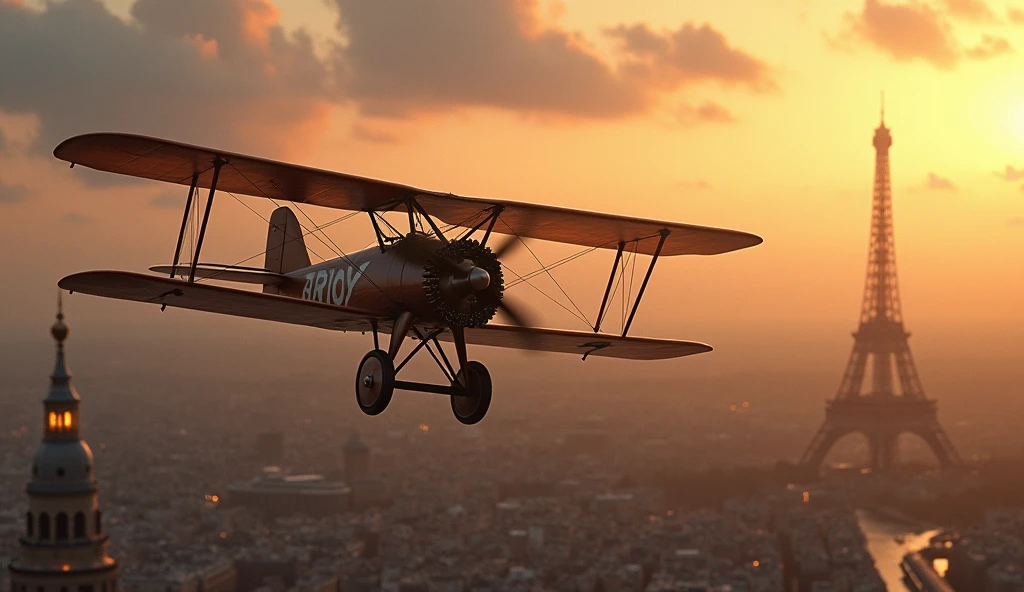 a highly detailed painting of an Airco DH.9A biplane aircraft flying over Paris in 1916, realistic, photorealistic, masterpiece, 8k, cinematic lighting, dramatic sky, beautiful architecture, historic, intricate details, golden hour, warm tones, hyper realistic, volumetric lighting, depth of field, mechanical precision, fine details, dynamic composition
