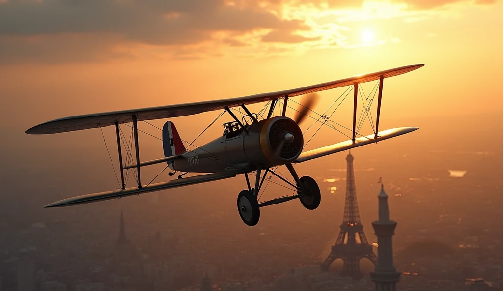 a highly detailed painting of an Airco DH.9A biplane aircraft flying over Paris in 1916, realistic, photorealistic, masterpiece, 8k, cinematic lighting, dramatic sky, beautiful architecture, historic, intricate details, golden hour, warm tones, hyper realistic, volumetric lighting, depth of field, mechanical precision, fine details, dynamic composition