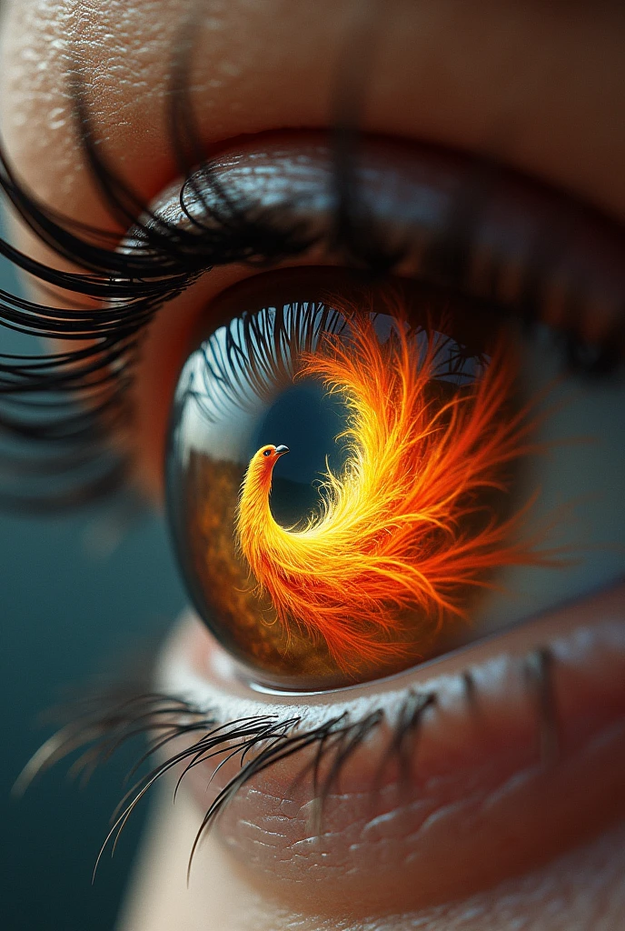 an image of an eye looking at a phoenix, the phoenix is reflected in the eye