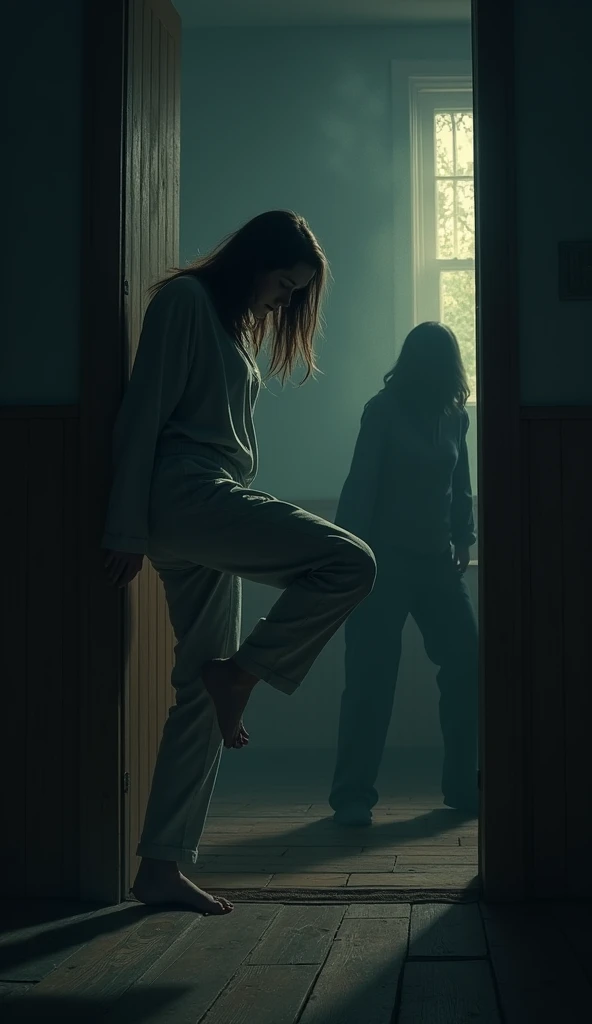 in a dark room, with standard wooden FLOOR, a brunette woman with straight hair, with 1,65m tall, is in the middle of an intense fight on the ground. She wears basic pajamas, now crumpled and dirty, as she desperately defends herself from a mysterious shadow in the shape of a man who tries to dominate her. cel shadow, with hazy contours and a terrifying presence, seems almost intangible, but still palpable enough to pose a deadly threat.
The woman, with an expression of pure despair and determination, gathers his last strength and lands a violent kick in the shadow's stomach, making her retreat momentarily. The impact, despite being against something seemingly ethereal, looks surprised and weakened, as if a woman's willpower could actually affect him. The dry sound of the kick echoes through the room, which is only dimly illuminated by a flickering light, projecting distorted shadows on the walls and intensifying the atmosphere of fear and uncertainty.
As tension reaches its peak, making it clear that it is a battle for survival against something beyond human comprehension.