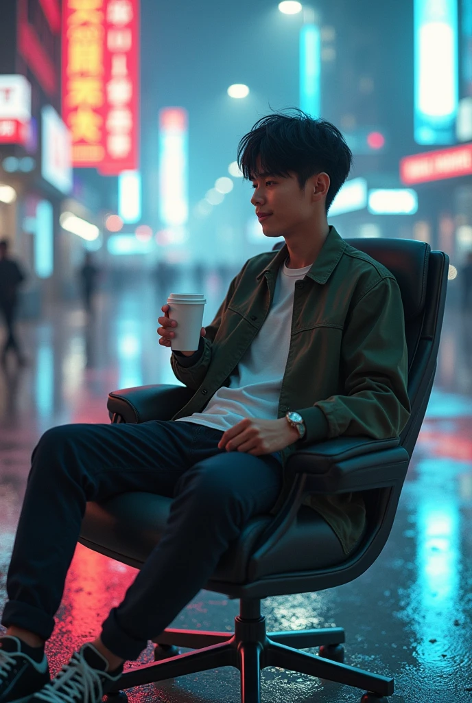 a young man shorty black messy haircut, wear outfit jacket clothes, long pant clothes, wear vans shoes, sit down in elite chair while crossed legs middle road while holding white coffee glass cup, natural, sweetly smile, future places, colorful lighting lamp, future cars, award winning photography, real hyper realistic, real human japanese, UHD 8k, detailed photo, perfect face, detailed places, landscape, full body, photo was taken from a long distance in the future city