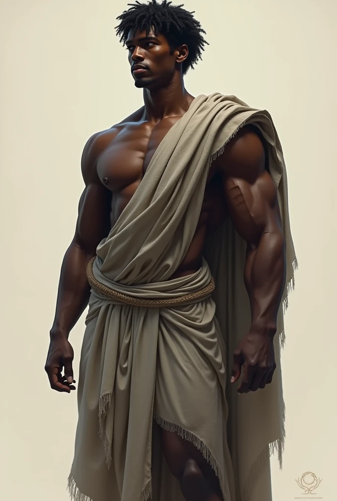 A strong man, young, dark skin and black hair. a bag sensual, Your pose should look like a statue with deep eyes looking into nothing and no accessories just a tunic