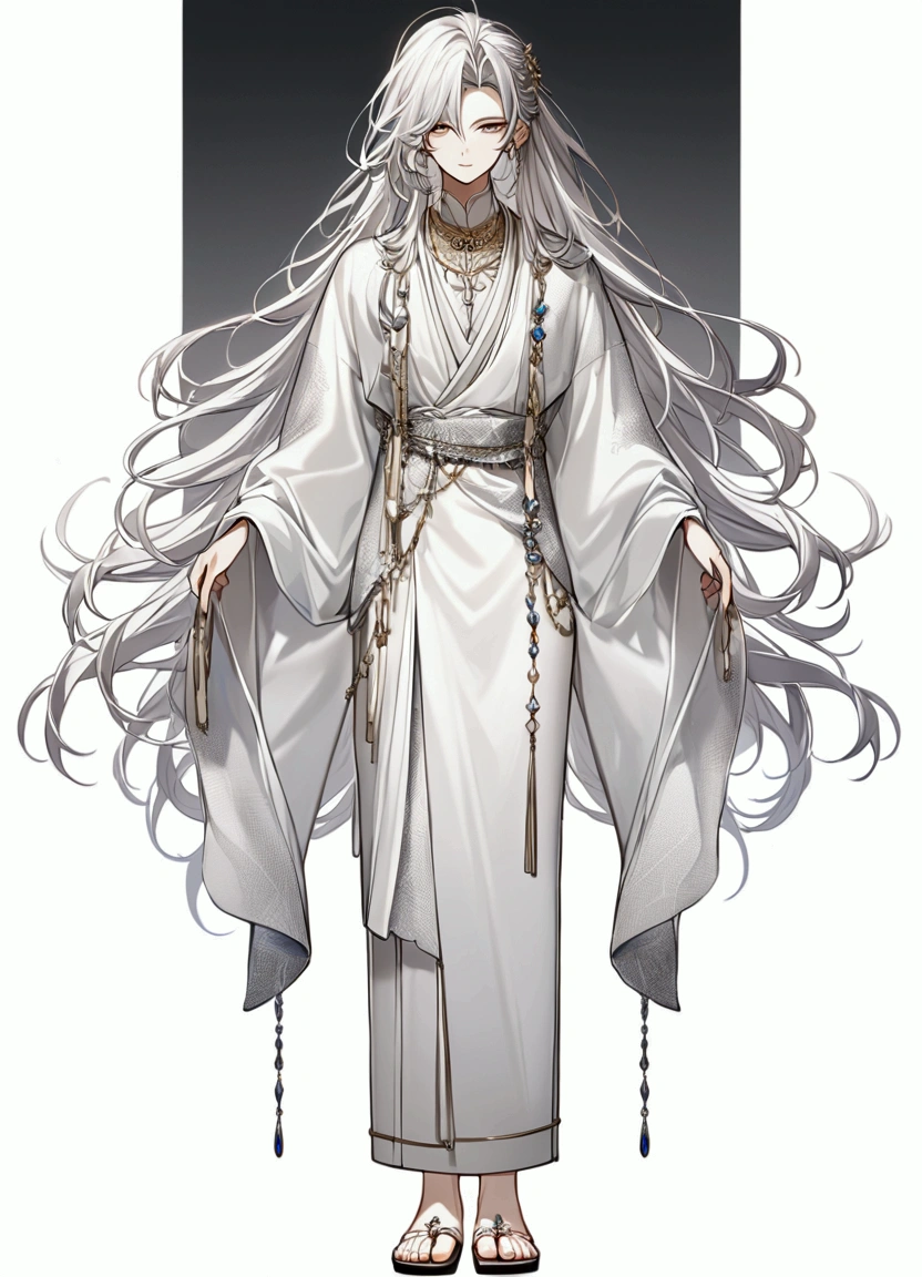 Silver-haired boy,The face is facing straight ahead,She wears a lot of jewellery as accessories.,Wearing clothes with thin layers of fabric,Draw from head to toe,Standing posture,Character portrait,White background,No background
