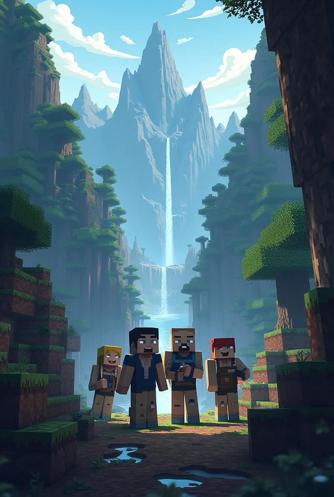 Create a profile image for an Instagram group focused on Minecraft survival hardcore. The image should capture the essence of keeping a group of friends connected through challenging survival gameplay. The theme should be centered around Minecraft survival, with elements that convey intensity and teamwork. The server’s name is "Quadrados & Travados," inspired by the survival reality show "Naked and Afraid," and should subtly reference this connection in a creative way. The title "Squares & Locks" is added to the same image