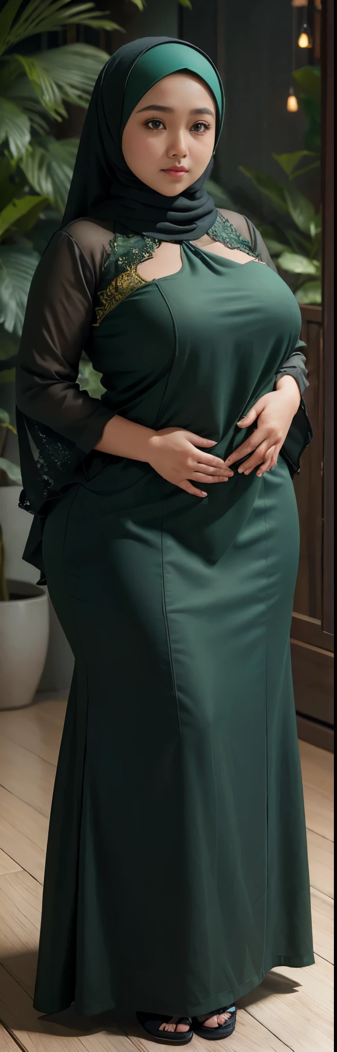 1 malay girl, modern plain hijab, shy, medium portrait, watery eyes, wearing dark green kebaya, ((big breasts)), black bokeh background, well-proportioned body,, chubby massive thighs, full body pose, Hena art on the body, hena art on full body, slightly fat body , voluptuous body , curvy body 