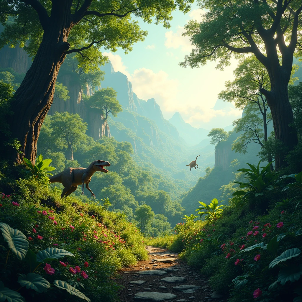 Jurassic forest,There are dinosaurs in the distance,Vibrant colors,Bright,Depth of Field