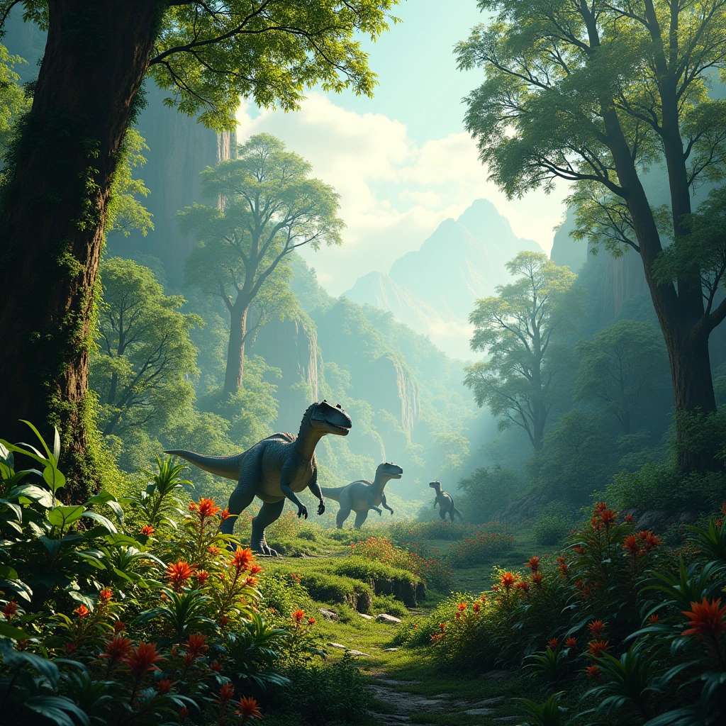 Jurassic forest，There are dinosaurs in the distance，Vibrant colors，Bright，Depth of Field
