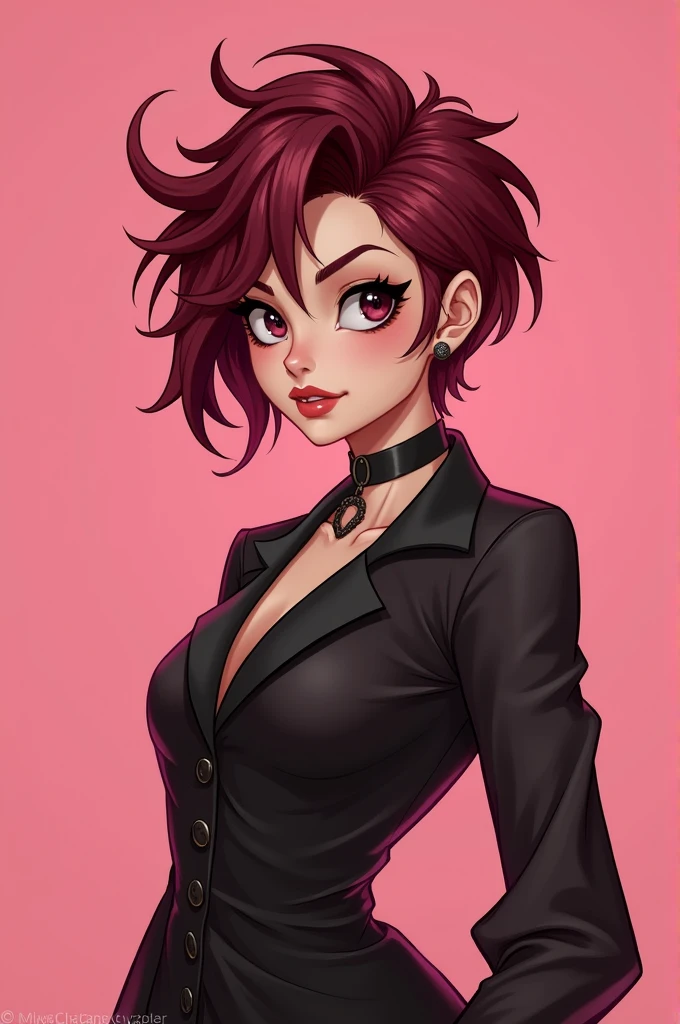 Young witch of medium height, around 1.65 meters tall, with a fit and athletic build. In general, she wears classic style with a mix of practicality and eccentricity.
Her most distinctive feature is her hair, a complete dark burgundy red color. See has an oval-shaped face with well-defined features: a small, upturned nose, full lips, and large dark brown eyes. Her skin is very clear, without noticeable imperfections. Tonks usually keeps her short pixie haircut messy, reflecting her rebellious and carefree personality. In general, its appearance is senior, dynamic and constantly changing, pink background, sweet atmosphere
