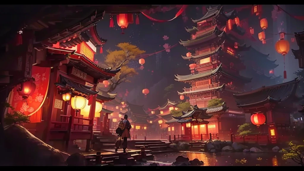 a scene of a chinese village with lanterns hanging from the trees, cyberpunk japanese temple, andreas rocha style, dreamy chinese town, rossdraws global illumination, cyberpunk chinese ancient castle, ross tran. scenic background, 🌺 cgsociety, dawn cgsociety, [ trending on cgsociety ]!!, chengwei pan on artstation, inspired by Andreas Rocha, anime scenery concept art