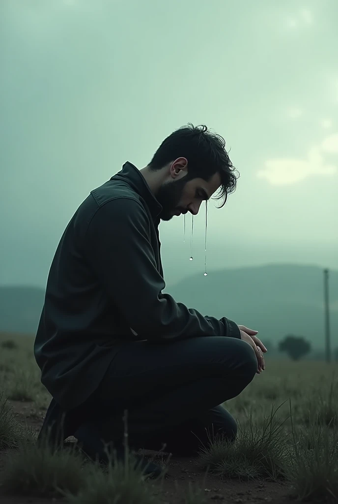 Man far away crying on his knees further away