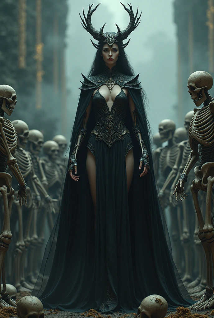 beautiful woman, stand around skeleton soldier , named hela the goddess of death and lord of the helheim