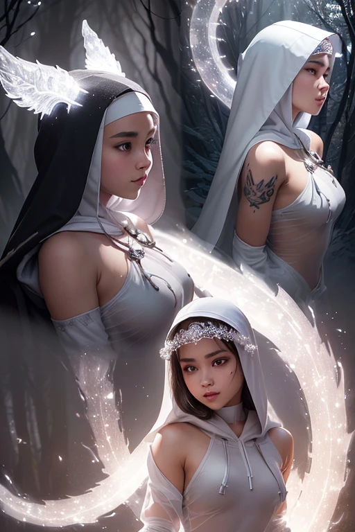 A young priest girl with Asian features, riding a animal, lovely charming face, having White silver skin tone pigmenting texture , ( full body perfect detailed masterpiece), ( dark skin tone texture masterpiece ), ( native Tribal hairstyles look), ( having a illuminating white silver crystalized wavy short hair ), ( has a artistic tattoos ),(( wearing hoodie of nun design)), (smiling, with exposed teeths showing open mouth)(perfect full body detailed anatomy), (Super accessories detailed), (fighting  pose), (perfect detailed crystal Gray sparkling eyes),(wearing illuminating gemstone crystalized accessories  hair), ((expose big hard erect nipples))(( exposed panty, with pussy clitoris exposed and  slip showing))((legs wide open showing pussy line))(( Wearing transparent illuminating see thru priest  costume )), (( holding a incense)), (( illuminating different lights covering the sorrounding atmosphere forest  with  a misty shadow effects showing)) ruins back temples with many flora and fona rarity, on its back wearing monk cape detailed design, has deadly presence, ((having 7 different perspective view of that same girl & face profile sheet character style ))