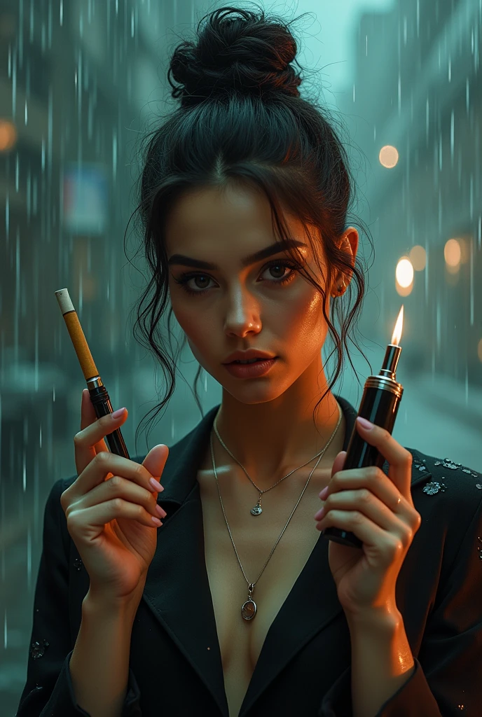 A lady holding a blunt and vape with a hair bun raining