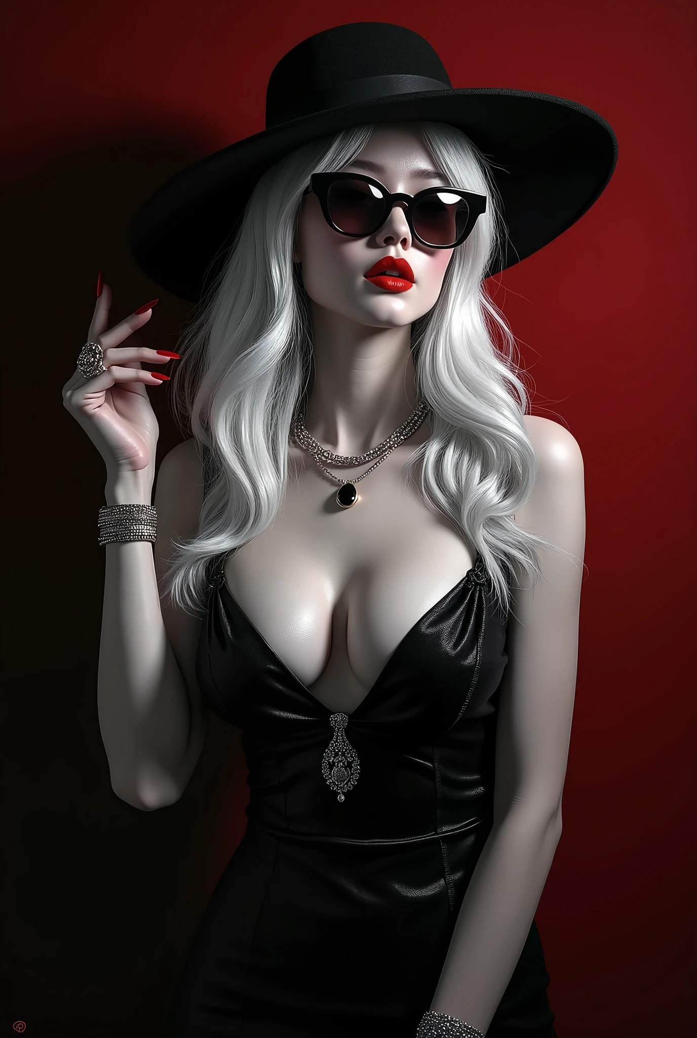 1girl, sunglasses, solo, hat, lipstick, red lips, long white hair, dress, plunging neckline, makeup, monochrome, white background, earrings, cleavage, jewelry, upper body, spot color, hair over shoulder,dark theme,shiny,shiny skin,milf,(mature japanese female:1.2), black background, sexy, alluring, red background,