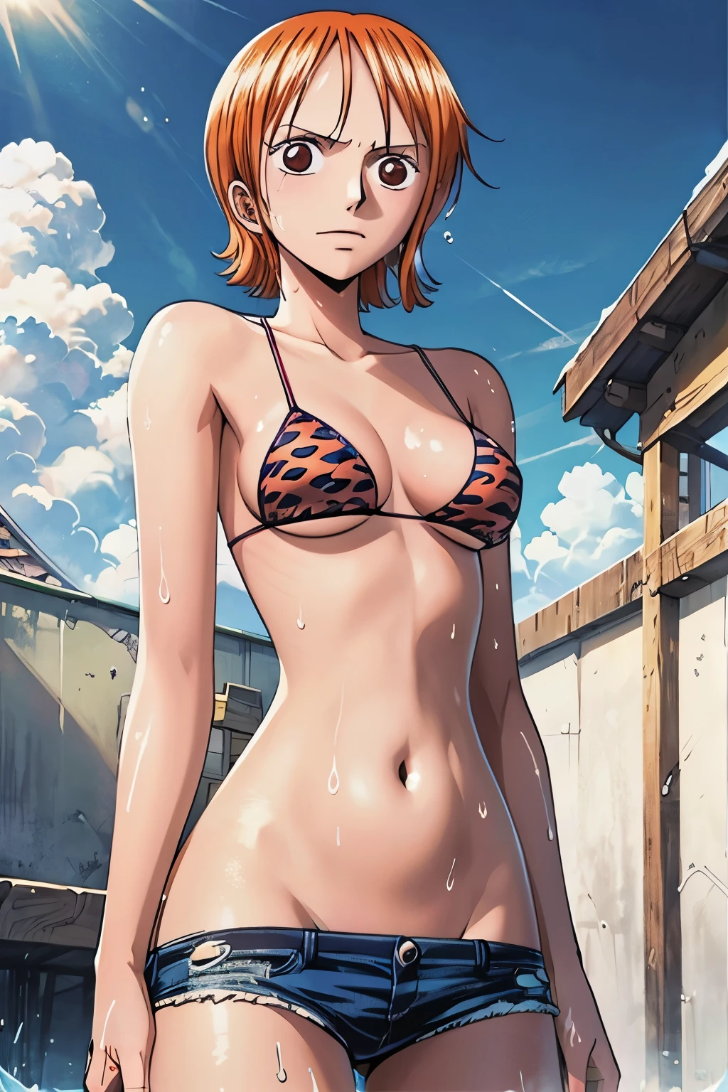 Nami from One Piece:1.5、Orange Hair,Red eyes,Small breasts,Tight waist,Tight waist、Browsing Caution, 、Sparkling eyes、School Swimsuit、tall women、Wet body、