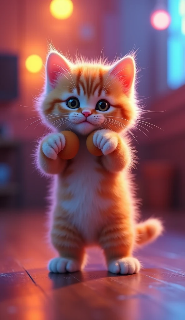 cinematic,cute kitten,standing pose,dancing,3D render,boxing,ultra-detailed,realistic,photorealistic,HDR,studio lighting,octane render,8K,vibrant colors,dramatic lighting,dynamic action,elegant movement,whimsical expression,fluffy fur,adorable eyes,detailed facial features