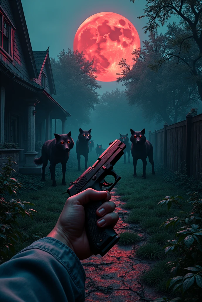 FIRST PERSON POSPECT with an arm holding a pistol, garden of an old residence, at night, a blood-colored moon in the sky, bloodthirsty zombie wolves spot you