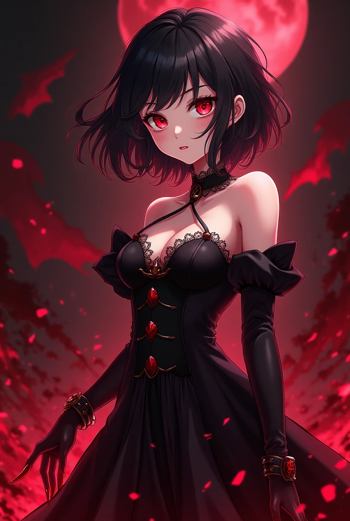 Anime, girl, vampire, red eyes, long nails, long dress, hot, strong, short hair