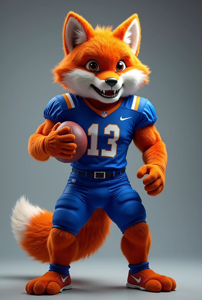 a fox-red football mascot in a blue and white uniform, holding a Football, highly detailed, 4k, 8k, hyperrealistic, photorealistic, professional photography, studio lighting, vibrant colors, dynamic pose, detailed texture, cinematic lighting, dramatic shadows, epic scale
