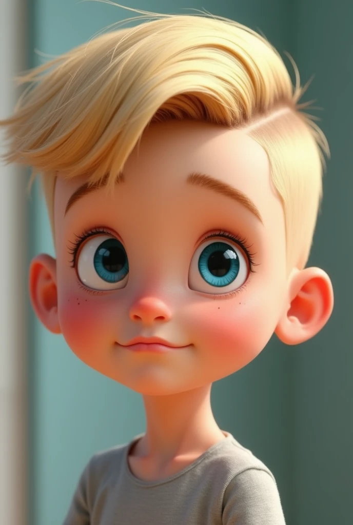 Kid boy with blonde hair with blue eye and  The side-parted comb-over involves a skin fade realistic cartoon 