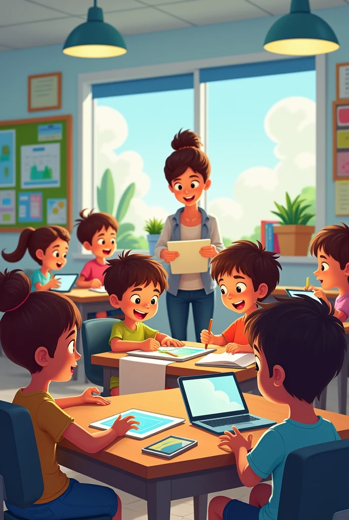 I need drawings of children using technology as a learning method, where the typical elements of technology such as tablets are reflected, telephone, computers, smart displays... Also the teacher should be seen in the classroom.