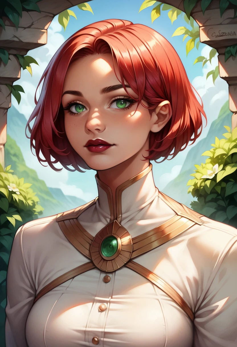(high-level image quality), (high quality), (high resolution), (detailed), (masterpiece), beautiful woman, ((caucasian)), green eyes, red hair, short hair, dark red lipstick, perfect eyes, Detailed face, pants, long sleeve tucked