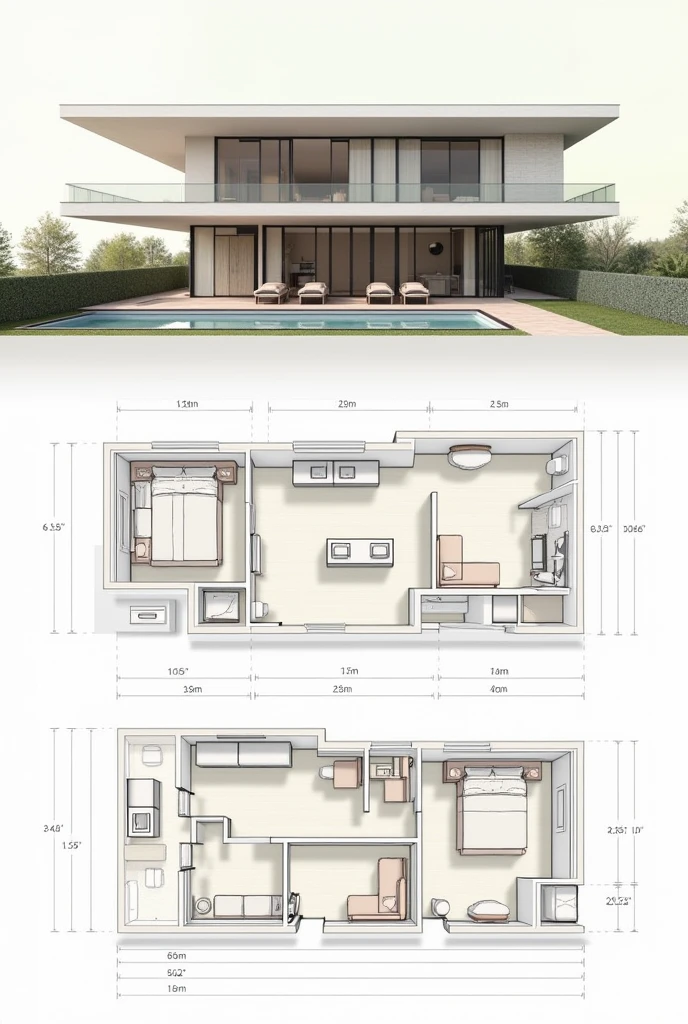 have the plans for a house based on an International Style design on a 90m2 plot of land with a 6m2 back facade and 15m2 on the right and left sides with 3 bedrooms,with kitchenette, plus living room with dining room ,put two full bathrooms . all while respecting spaces and functional design standards that save space and provide quality of life. 