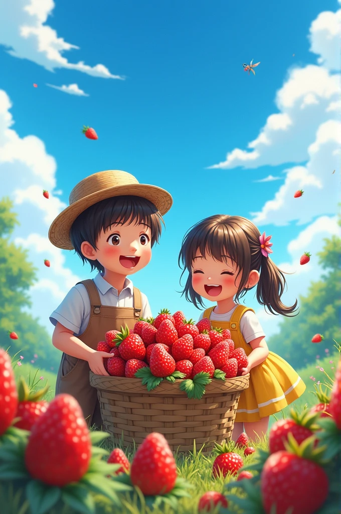 A captivating digital painting in the style of a vibrant anime cartoon, showcasing a young boy and girl excitedly gathering luscious strawberries on a bright, sunny day. The azure sky forms a striking backdrop, enhanced by fluffy clouds adding a touch of whimsical charm to the setting. The characters are depicted with expressive features and charming outfits typical of anime art, their overflowing basket brimming with juicy strawberries glistening in the warm sunlight. This illustration radiates a cheerful and playful atmosphere, capturing the infectious joy and enthusiasm of the characters as they enjoy their fruitful harvest. The scene is meticulously crafted with a focus on symmetry and intricate details, bathed in volumetric lighting that highlights the rich, deep colors of the artwork. The composition is a masterpiece of art, exuding a sense of beauty and sophistication, with sharp focus and ultra-detailed elements reminiscent of the styles of renowned artists Dan Mumford and Marc Simonetti. The overall aesthetic is reminiscent of astrophotography, combining elements of fantasy and realism in a visually stunning creation.