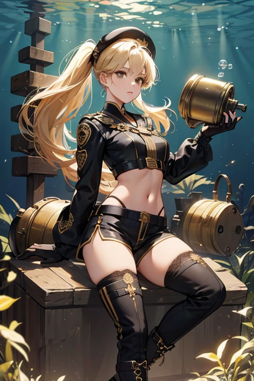 she blond hair. she wears a black beret with gold decorations, a black diving suit that terminates in shorts, and a dark blue sailor-style top with gold buttons, gold details, and large white folded cuffs, as well as a large white collar with a blue-and-gold bow. sHe wears fingerless gloves with gold details, a small brown bag attached to a gold metal loop around her right thigh, and medium-length black lace-up boots with heavy metal details. Underwater, she wears an black-colored antique diving helmet. At her back she bears a mechanical device, attached by a series of straps to her top. HerPneuma-aligned Cryo Vision sits on her left thigh, and is attached to her shorts by a strap. SPARKLE; GLITTER