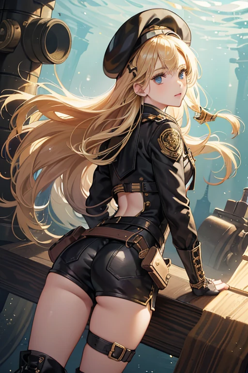 she blond hair. she wears a black beret with gold decorations, a black diving suit that terminates in shorts, and a dark blue sailor-style top with gold buttons, gold details, and large white folded cuffs, as well as a large white collar with a blue-and-gold bow. sHe wears fingerless gloves with gold details, a small brown bag attached to a gold metal loop around her right thigh, and medium-length black lace-up boots with heavy metal details. Underwater, she wears an black-colored antique diving helmet. At her back she bears a mechanical device, attached by a series of straps to her top. HerPneuma-aligned Cryo Vision sits on her left thigh, and is attached to her shorts by a strap. SPARKLE; GLITTER