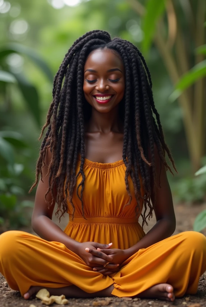 Créer une femme afro haïtienne, nommée Manbo Gessie, âgée de 54 ans, cheveux dreadlocks relâchés sur son dos, des beaux bridés, des belles joues, des dents blanches, gencives violettes, teint un peu clair. nez pointu, rouge à lèvres rouge vif. Femme joyeuse, aime la nature, la méditation, la relaxation. Manbo Gessie personnage captivante, fabuleuse.  Manbo Gessie en train de médité 